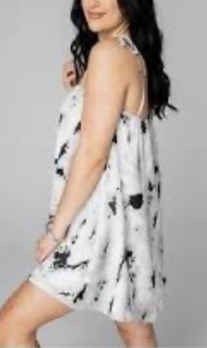 Buddy Love Rizzo Swing Dress Large Black White Tie Dye Shoulder Ties Mini Flowy